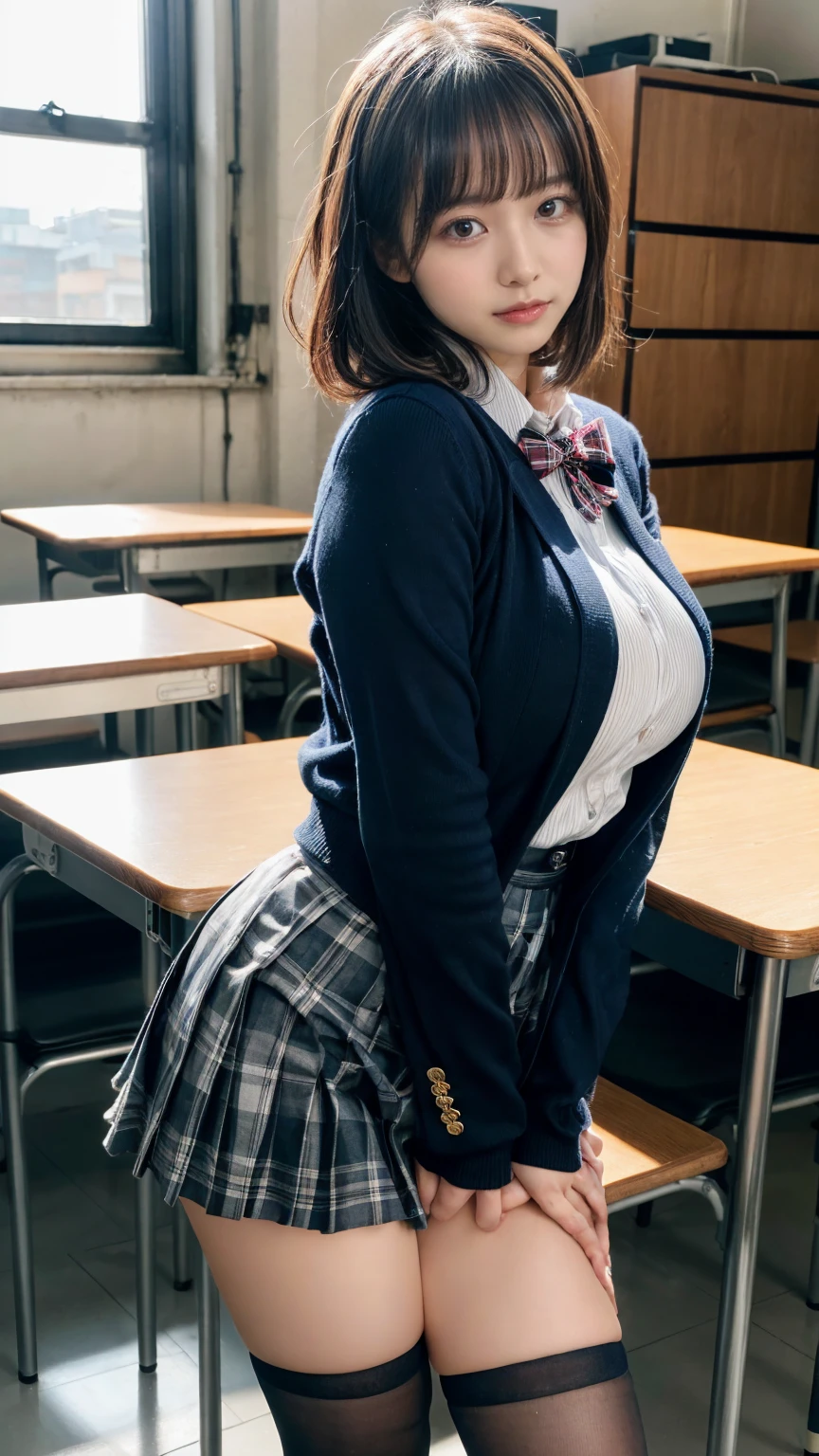(8K, RAW Photos, Highest quality, masterpiece:1.2), (professional photography, full colors, studio-caliber color grading), (Gravure quality for high-end fashion magazines), (Details High quality, realistic depiction of eyes:1.3), from side, High School Classroom、High school girl uniform、blazer 、Super Short Check Uniform Skirt、Navy blue high socks、garterbelts、Colossal tits、Disturbed uniform, short hair, (wavy hair:1.2), short bob hair, black hair color, large breasts, Big Natural Color Lip, bold sexy pose, (perfect body shape), crying a little、cold gaze, Harajuku style、20 year old girl、cute type, beautiful legs, hposing Gravure Idol, Voluptuous thighs