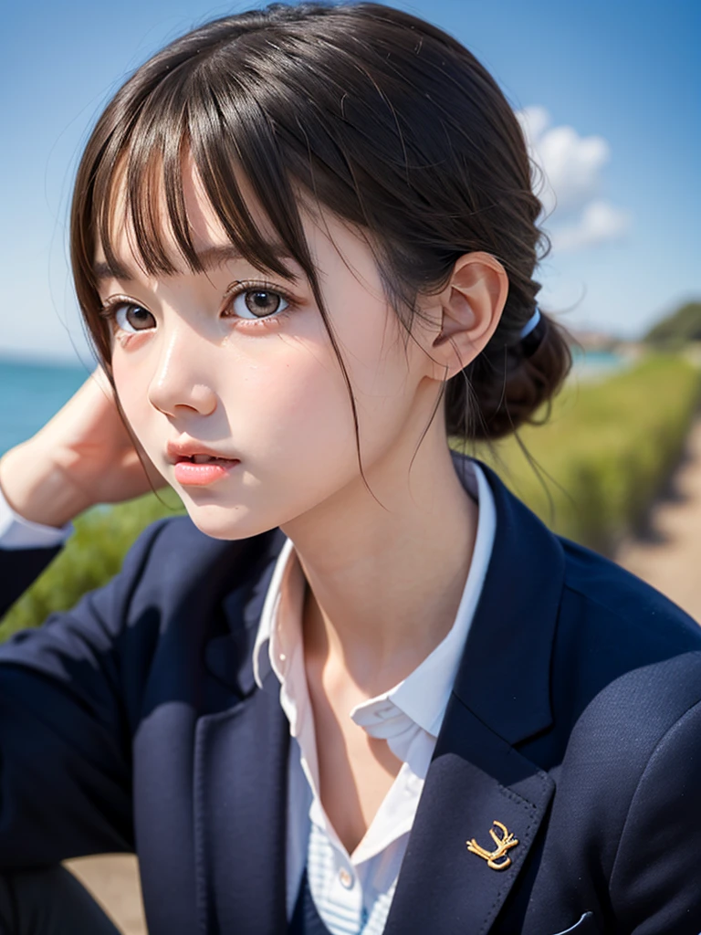 One Girl，(1人のとてもcute女の子:1.3)，masterpiece，Highest quality，High resolution，From below，Low - Angle，Photorealistic，RAW Photos，Ray Tracing，Physically Based Rendering，beautiful girl，(15 years old:1.3)，cute，Big eyes，(detailed pupils:1.2)，(The face is facing straight ahead:1.3)，Body facing forward，Beautiful nose，Upturned nose，Fuller lips，Short black hair，ponytail，short hair，Detailed eyelashes，Thin eyebrows，Very fine grain definition，(Symmetrical eyes，Golden Ratio:1.3)，(Face close-up，Face Focus:1.0)，Small breasts，Short neck，blazer，Checkered pleated skirt，coastal，Blue sky，White cloud，School uniforms，Portrait，View Viewer，Upper Body，Cinema Lighting，High resolution，Very detailed