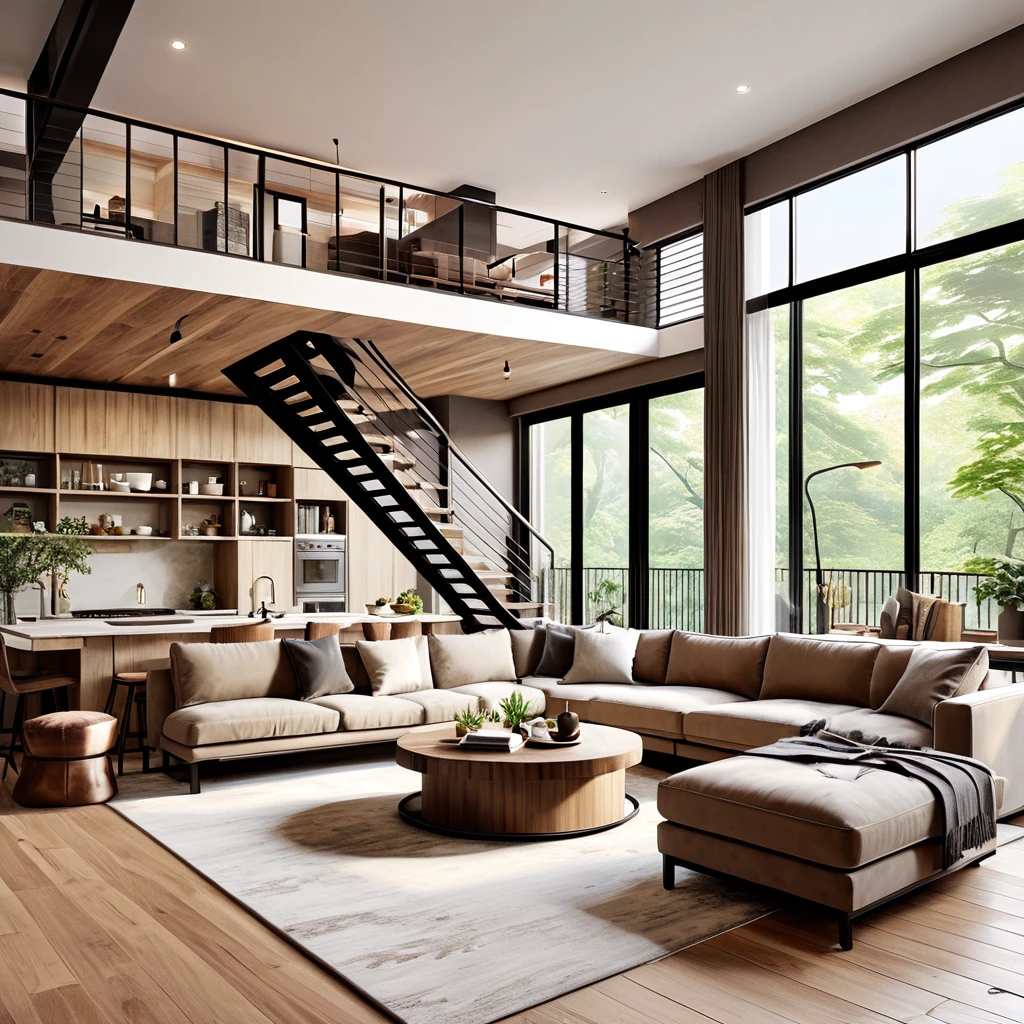 Create a chic and inviting loft apartment with a modern aesthetic. The living area has、A cozy sectional sofa in earthy tones is a must., Comes with a large ottoman and soft area rug. The room has a spiral staircase、Leads to the loft space above。, Add architectural interest. The dining area is furnished with a round table and stylish chairs., The kitchen area is equipped with modern cabinetry and appliances.. There is enough natural light、Ensure a bright and airy space。, Decorate with minimalist yet elegant décor elements
