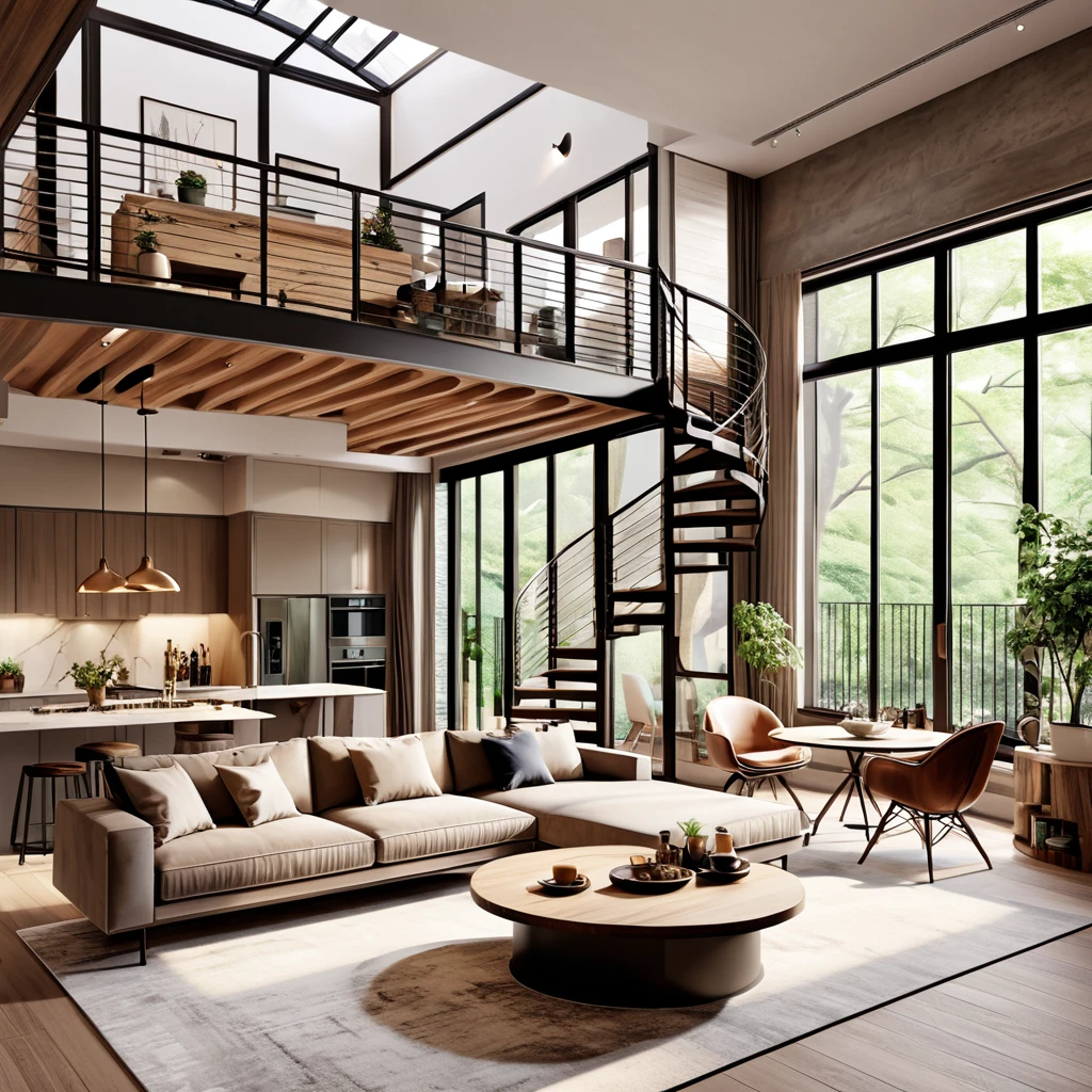 Create a chic and inviting loft apartment with a modern aesthetic. The living area has、A cozy sectional sofa in earthy tones is a must., Comes with a large ottoman and soft area rug. The room has a spiral staircase、Leads to the loft space above。, Add architectural interest. The dining area is furnished with a round table and stylish chairs., The kitchen area is equipped with modern cabinetry and appliances.. There is enough natural light、Ensure a bright and airy space。, Decorate with minimalist yet elegant décor elements