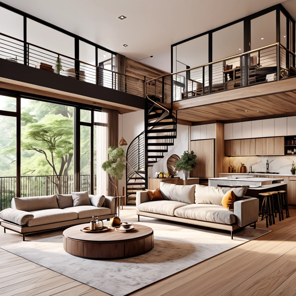 Create a chic and inviting loft apartment with a modern aesthetic. The living area has、A cozy sectional sofa in earthy tones is a must., Comes with a large ottoman and soft area rug. The room has a spiral staircase、Leads to the loft space above。, Add architectural interest. The dining area is furnished with a round table and stylish chairs., The kitchen area is equipped with modern cabinetry and appliances.. There is enough natural light、Ensure a bright and airy space。, Decorate with minimalist yet elegant décor elements