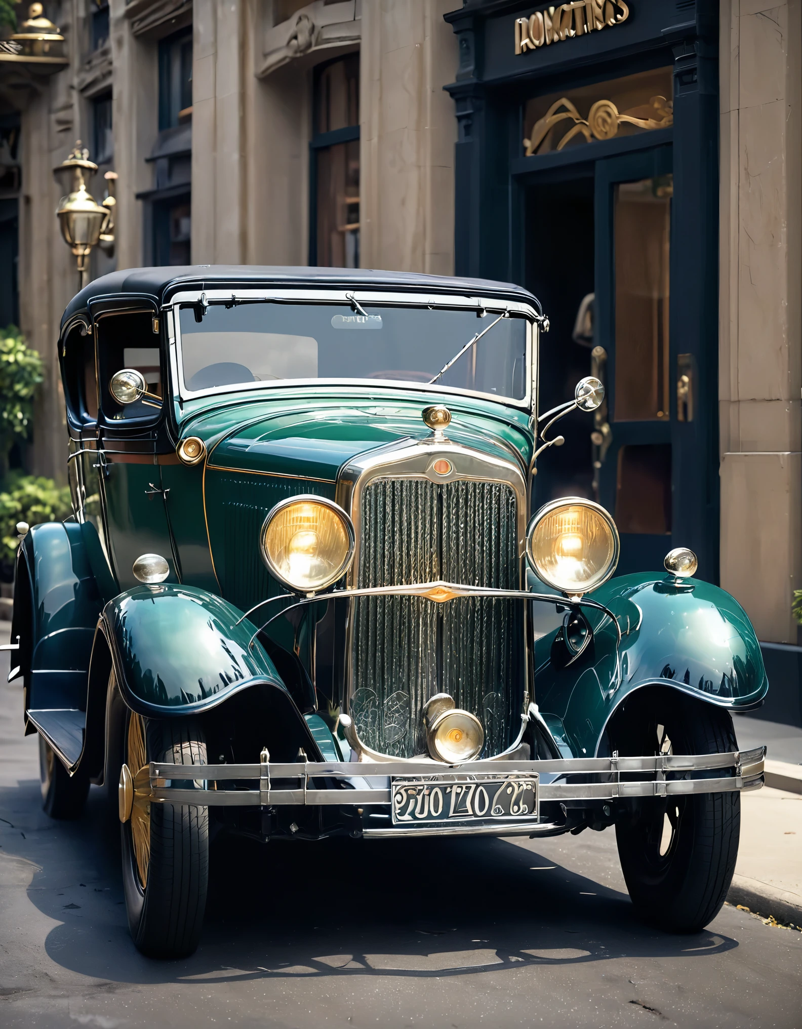 Create imaginative and amazing images demonstrating the style of ((Roaring 20s)), hyper realistic, 8k, vibrant colors, sharp crisp image, art deco, flapper 1920s car