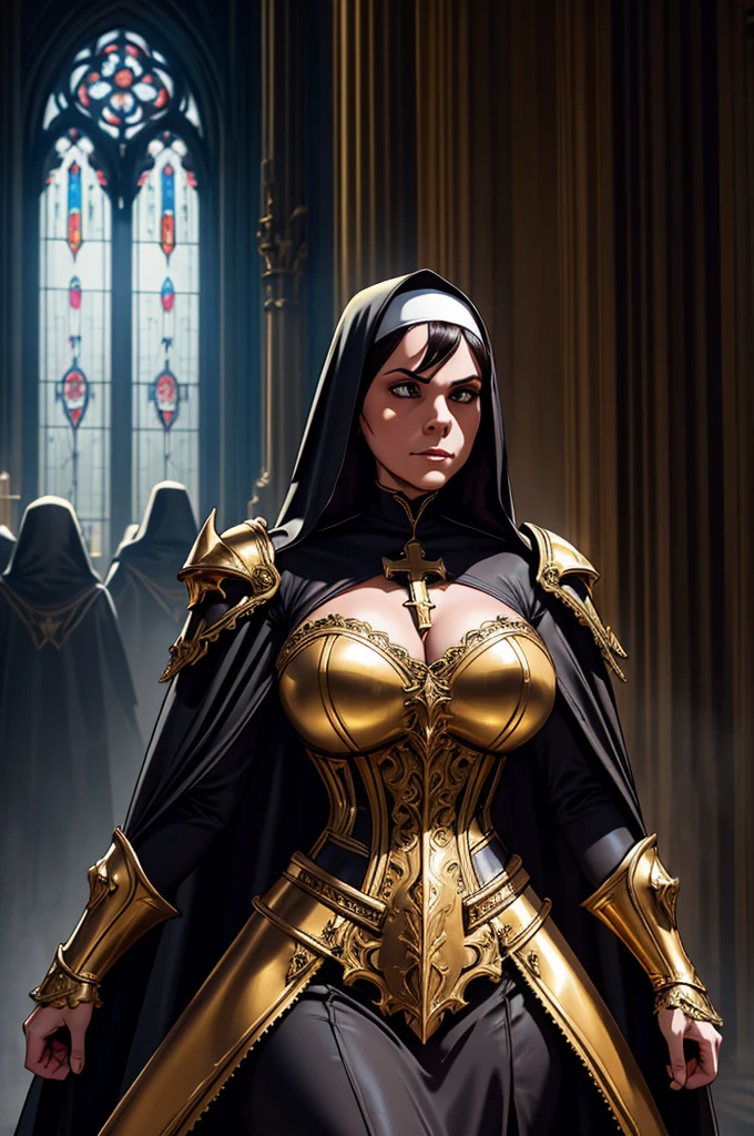 a sexy battle nun, elegant victorian-style dress, holding a large cross, ornate gold armor, flowing cape, determined expression, dramatic lighting, dark gothic cathedral interior, dramatic shadows, cinematic composition, highly detailed, photorealistic, dramatic colors, chiaroscuro lighting