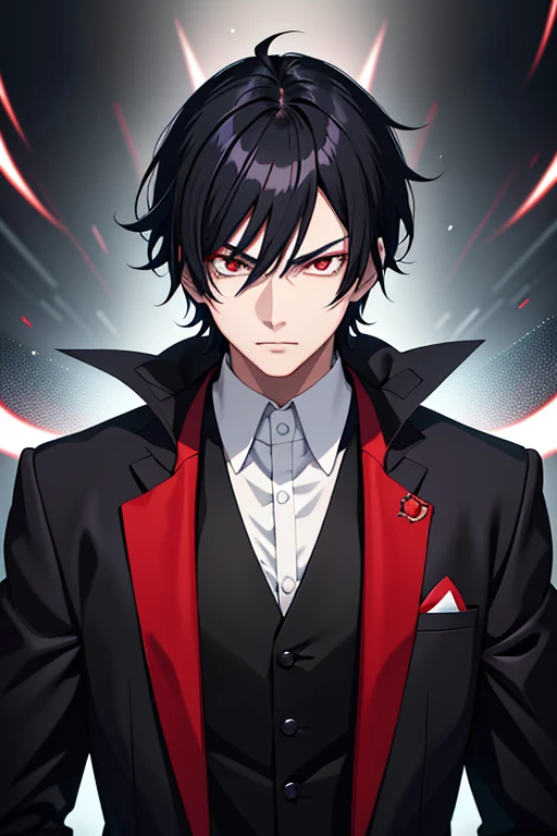 Anime character with black hair and red eyes wearing a black suit, Eyes completely red、lack of pupils, with very very detailed face, Has a sharp gaze, main character, tsurumaki kazuya, high detailed face anime, Ishida Sui with black hair, live2d Virtual YouTuber Model, very_detailed_face!!!