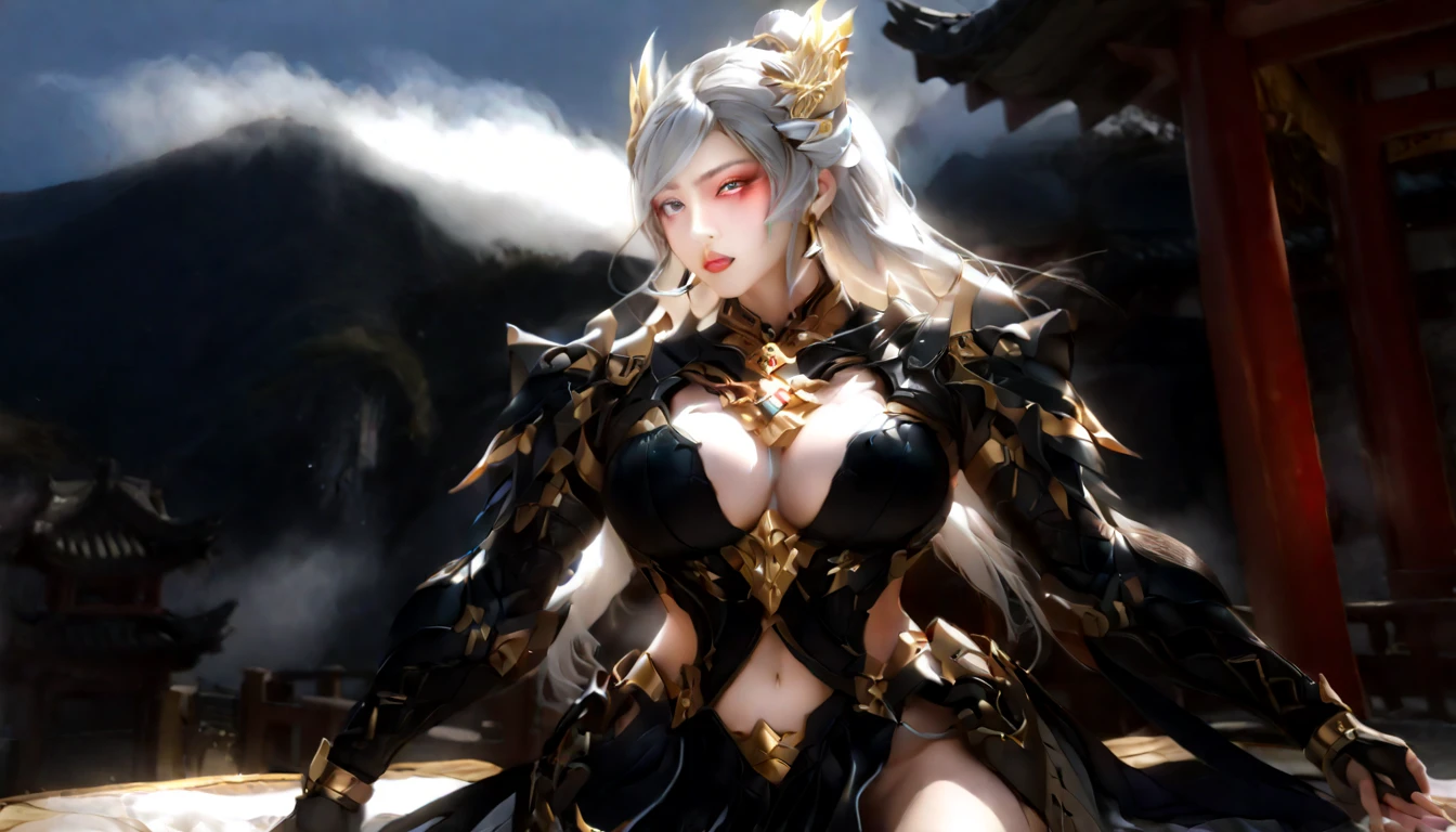 high quality,HD,16K,Sharp Line,1 Girl,fantasy, （Fire Spirits）,Pretty Face, Large Breasts, Beautiful legs,In the mountains,Focus Girl,detailed Pretty Face,Detailed clothes,beautiful eyes,Cool,Sexy,Dynamic Angle,穿着华服的神明Strike a pose拍照, Ancient mysterious sexy goddess, Traditional beauty woman, Beautiful female warrior god of war , Beautiful sexy goddess, Gorgeous role-playing, high, Beautiful young girl, Beautiful woman, 华丽Beautiful woman, Complex clothing,Chinese Mystical Aesthetics, Beautiful Asian ancient mysterious girl, Extremely detailed shot of the goddess, Jaw-dropping sexy beauty, Big breasts deep neckline sexy belly button（butt), (bedroom), (Sexy Girls), masterpiece, best quality, Bangs, blush, Chest, clavicle, Eyebrows visible through hair, (Gradient red and gold hair), Jewelry, Long hair,Bright Eyes, ring, (solitary), illustration, fashionable, miss, Strike a pose, background, element, confident, Express, Accessories, majestic, striking, key point, Dynamic poses, ((plump)), (black))Woman in transparent dress,Viewer,(((Full breasts, Keeley University))),Slim waist,(Navel exposed,Bare waist), Long hair, extreme detailed details, 详细的fantasy艺术, Stunning character art, Beautiful and exquisite character art, Beautiful transparent dress, Very detailed, Large Breasts，Chest，Golden ratio figure，Beautiful figure，Ultra wide-angle shooting，Full body shot拍摄，Body close-up，Full body shot，Wearing a pleated tulle skirt，柔和动漫illustration, 柔和的深色background，Fujifilm XT3 Clear focus, f 5.6, High Detail, Clear focus,(Wearing openwork clothing),, (Natural light), (Tempting)translucent, Good velvet quality, Compared, Divine Light,, Silver hair, 天空background, Absolute Strength,Female Shinmei，穿着性感丝绸的Female Shinmei,，Large Breasts，Chest，Golden ratio figure，Beautiful figure，Ultra wide-angle shooting，Full body shot，Body close-up，Full body shot， Wearing a tulle dress, Model shooting style, Large Breasts，饱满Chest，Golden ratio figure，Beautiful figure，(Extremely detailed CG 8k wallpaper unit), The most beautiful artistic photos in the world, , 8K 超HD, ) on the beach，Sexy lazy posture，Sexy seductive expression，best quality,masterpiece,Ultra-high resolution,(Practical:1.4),original photo,Ultra-high resolution