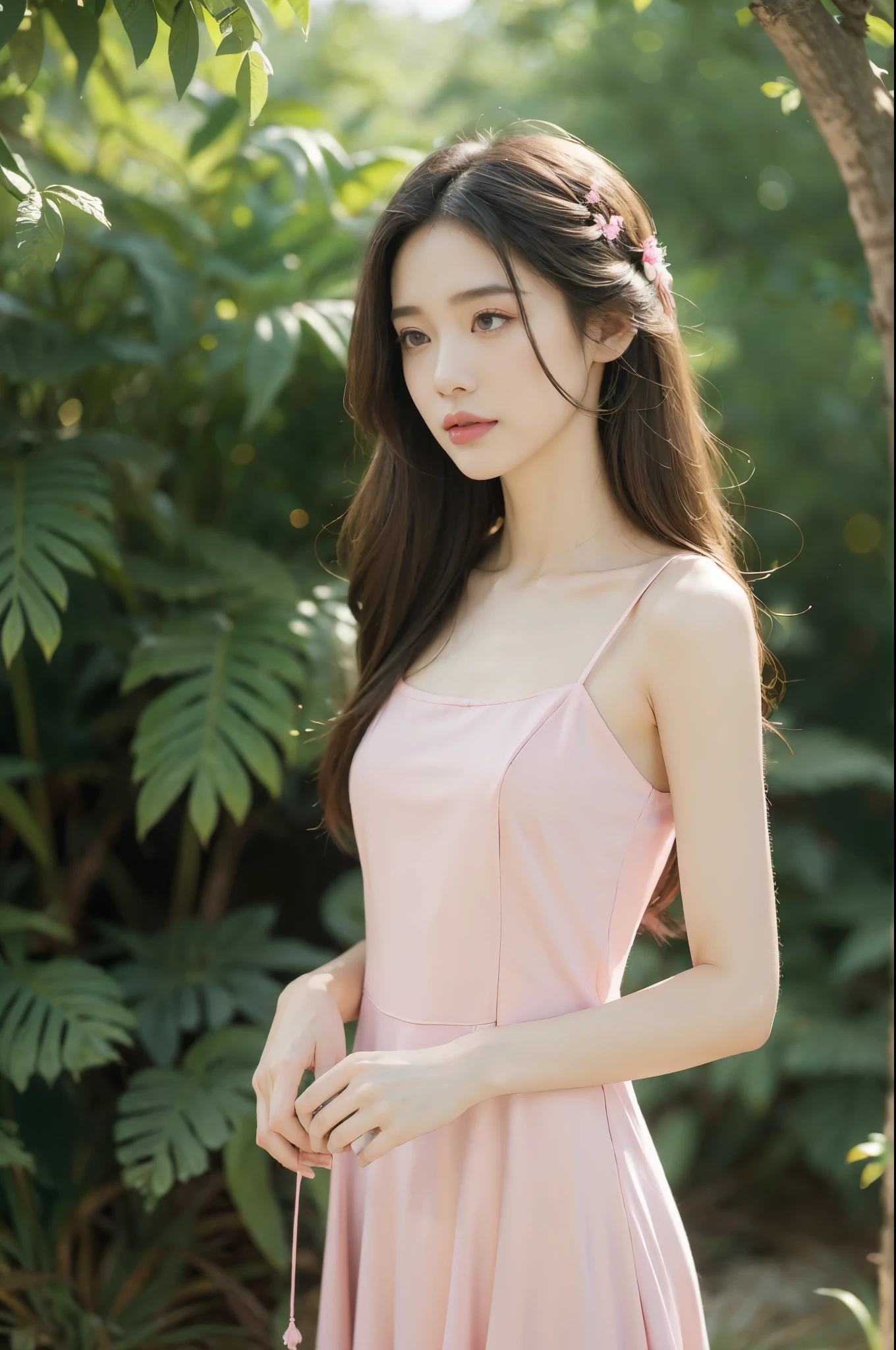 (((best quality))),(((ultra detailed))),(((masterpiece))),illustration,((1 beautiful girl,solo)),((slim,thin)),((small breasts,flat chest)),((summer afternoon)),(standing:1.3),(in cornfield:1.3), (hotpink dress:1.5),(slender legs:1.2),delicate,(medium straight hair:1.2), radiant smile, vibrant atmosphere, elegance, grace,fresh and cool,towering stalks, densely packed, soothing melody, serene and peaceful, hustle and bustle,majesty, harmoniously, essence of summer, tranquility, relaxation, peacefulness of nature,((from front,upper body))