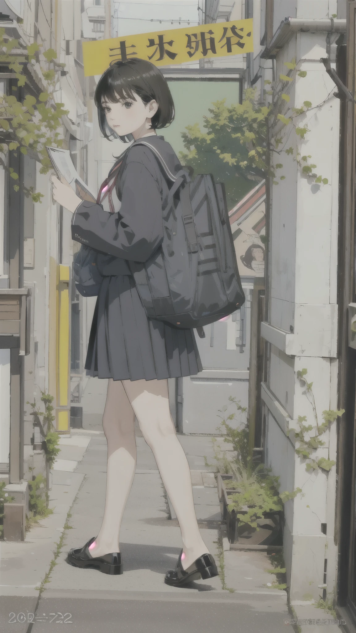 Japanese girl、１４age、 (((Full Body))), thin long sleeve jacket、 pink trainer 、 neakers、 carrying a daybag 、Traveling、Walking on a mountain path、 looking for something 、
