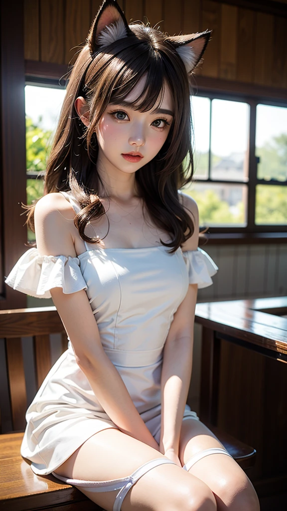 Image of beautiful teenage girl with top quality CG illustration。In high resolution、Beautiful fine details、tranquil atmosphere。(((Black Hair Bob Hair)))、Cute smile with mouth closed。Girl in white light short sleeve dress standing in room。