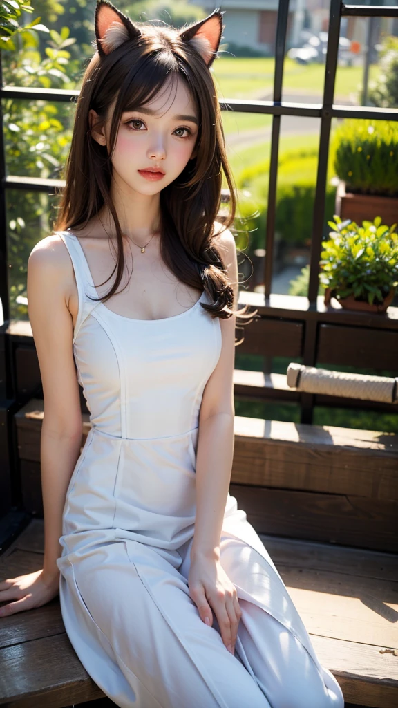 1girl, Brown Hair、White dress, sitting, cat ear,
masterpiece, best quality, 32k uhd, hdr, DTM, 16K, super wide angle,