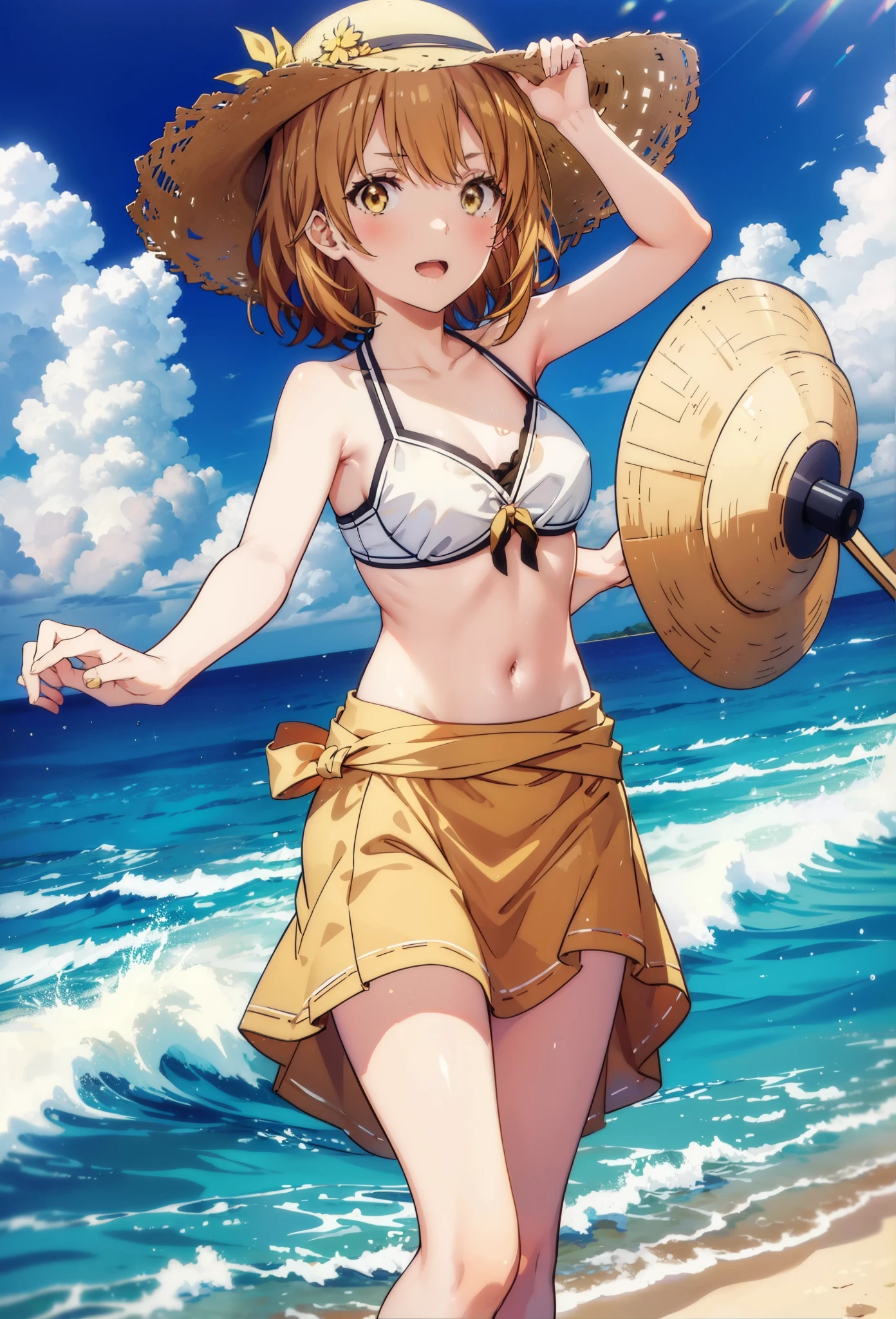 Irohaisshiki, isshiki iroha, short hair, Brown Hair, (Brown eyes:1.5),Open your mouth,clavicle,smile,Straw hat,Bikini Swimwear,barefoot,A long, thin skirt wrapped around the waist,belly button,abdomen, Dancer, gold belly Dancer,whole bodyがイラストに入るように,Strolling on the sandy beach,
break outdoors, Beach,
break looking at viewer, whole body,
break (masterpiece:1.2), Highest quality, High resolution, unity 8k wallpaper,, (shape:0.8), (Beautiful attention to detail:1.6), Highly detailed face, Perfect lighting, Highly detailed CG, (Perfect hands, Perfect Anatomy),