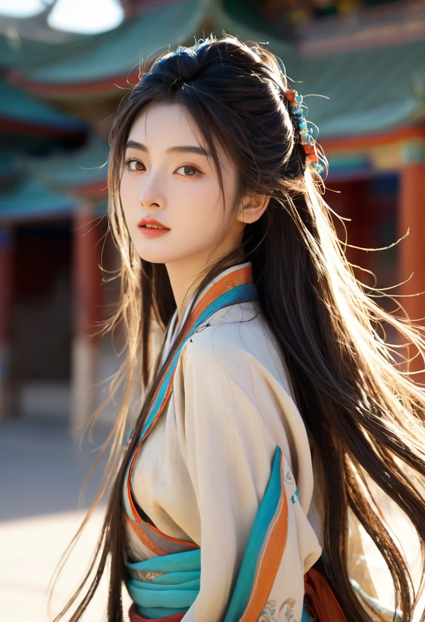 (RAW photos, best quality), (Practical, photo-Practical:1.3),best quality,Very detailed,masterpiece,Extremely detailed,illustration,1 Girl,superior_Body,Dynamic Angle,world masterpiece theater,messy_long_hair,best quality,Extremely detailed CG unity 8k wallpaper,ink,Astonishing,light,lens_Flare, Dunhuang_style