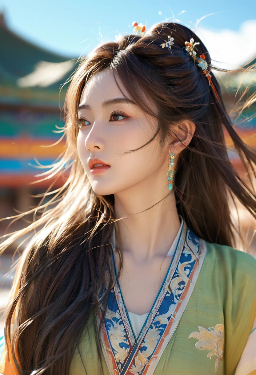 (RAW photos, best quality), (Practical, photo-Practical:1.3),best quality,Very detailed,masterpiece,Extremely detailed,illustration,1 Girl,superior_Body,Dynamic Angle,world masterpiece theater,messy_long_hair,best quality,Extremely detailed CG unity 8k wallpaper,ink,Astonishing,light,lens_Flare, Dunhuang_style