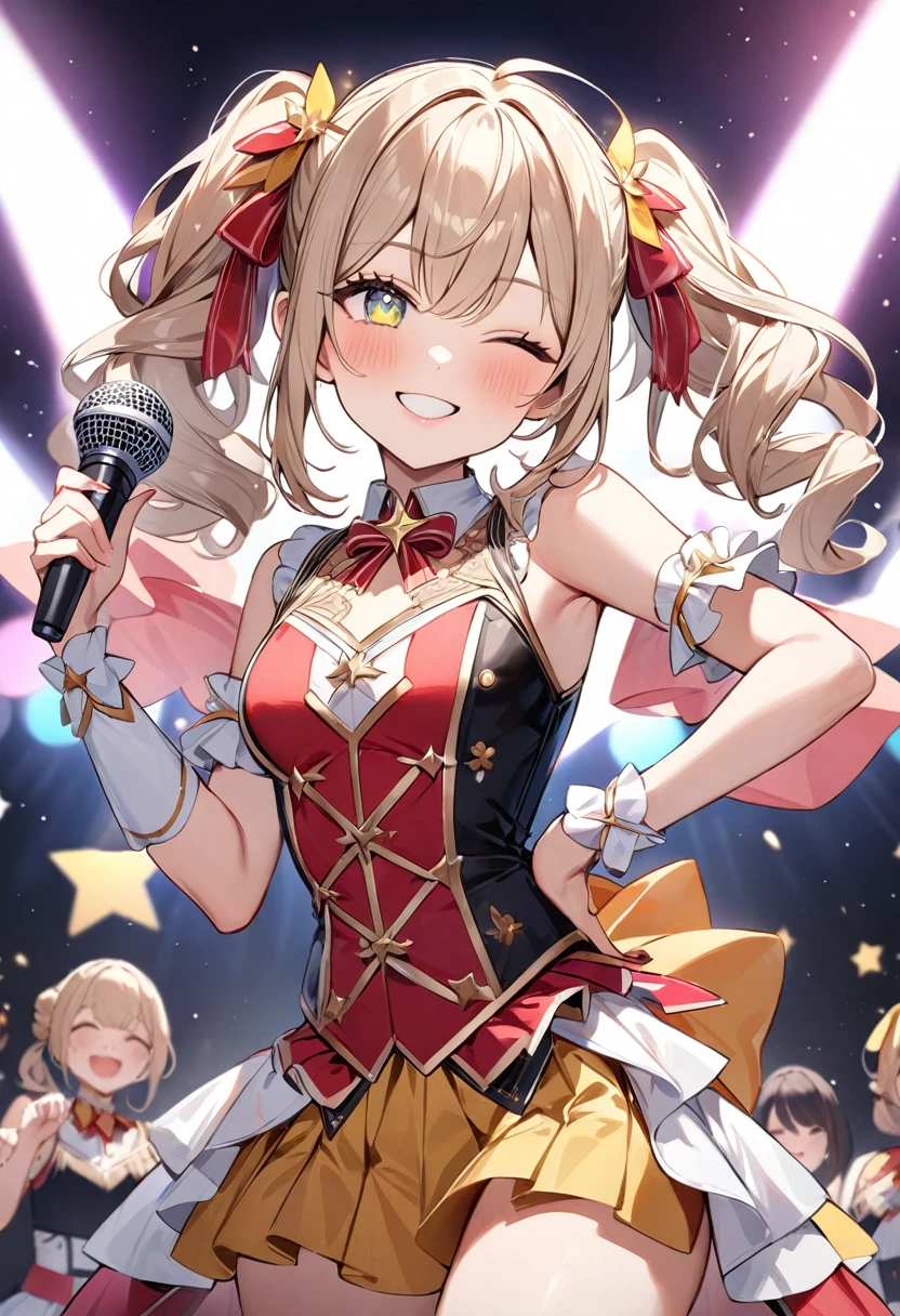 (masterpiece, top quality, very aesthetic, 4k、illustration), intricate detail, 1woman,、solo,contrapposto 、,(cowboy shot)、(pupils sparkling),Cute ,one eye closed、pose、happy smile、Random Hairstyle、Random Hair Color、,middle hair,sidelock ,Random Color eyes、idol clothes、small breasts、Slim 、