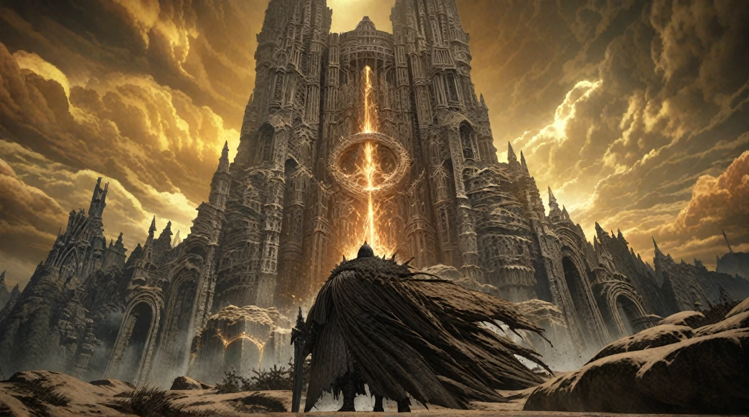  anime aestetics, anime scenery, grand finale, gigantic mountain of sand with passage in the center, godly gates, giganticstucture, portal to the world of gods, black and yellow skies, moment after the final battle, elden ring, elden ring scenery, elden ring style, fromsoftware, dark soul concept, from software game, dark souls art style dark souls art, dark souls style, dark souls screenshot, dark souls, from below, wide shot, perspective, atmospheric perspective, 4K, 8k, highres, best quality, super detail, award winning, masterpiece, UHD