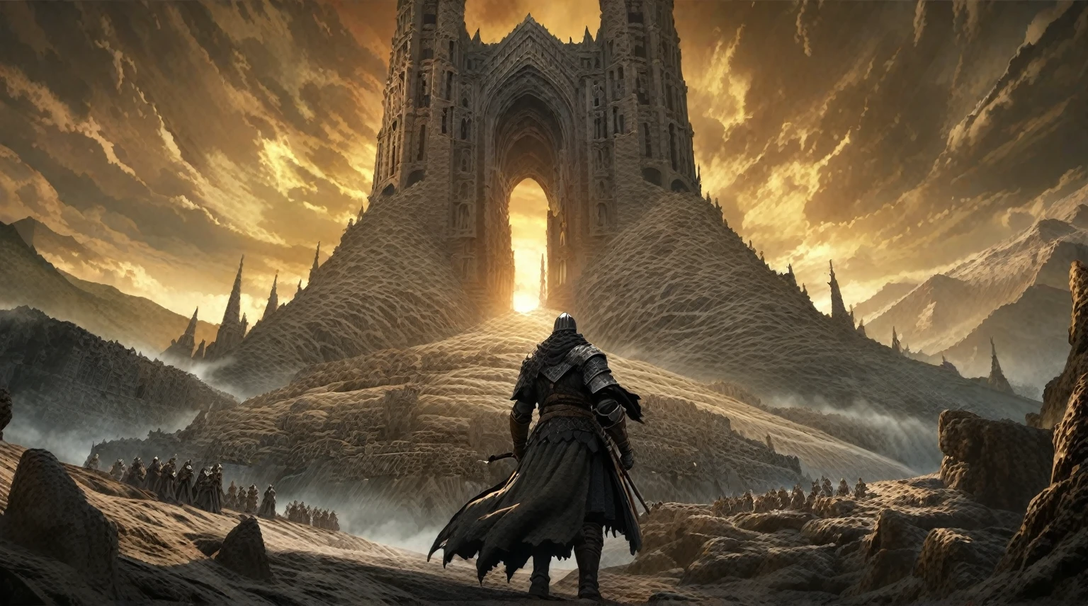 anime aestetics, anime scenery, grand finale, gigantic mountain of sand with passage in the center, godly gates, giganticstucture, portal to the world of gods, black and yellow skies, moment after the final battle, elden ring, elden ring scenery, elden ring style, fromsoftware, dark soul concept, from software game, dark souls art style dark souls art, dark souls style, dark souls screenshot, dark souls, from below, wide shot, perspective, atmospheric perspective, 4K, 8k, highres, best quality, super detail, award winning, masterpiece, UHD