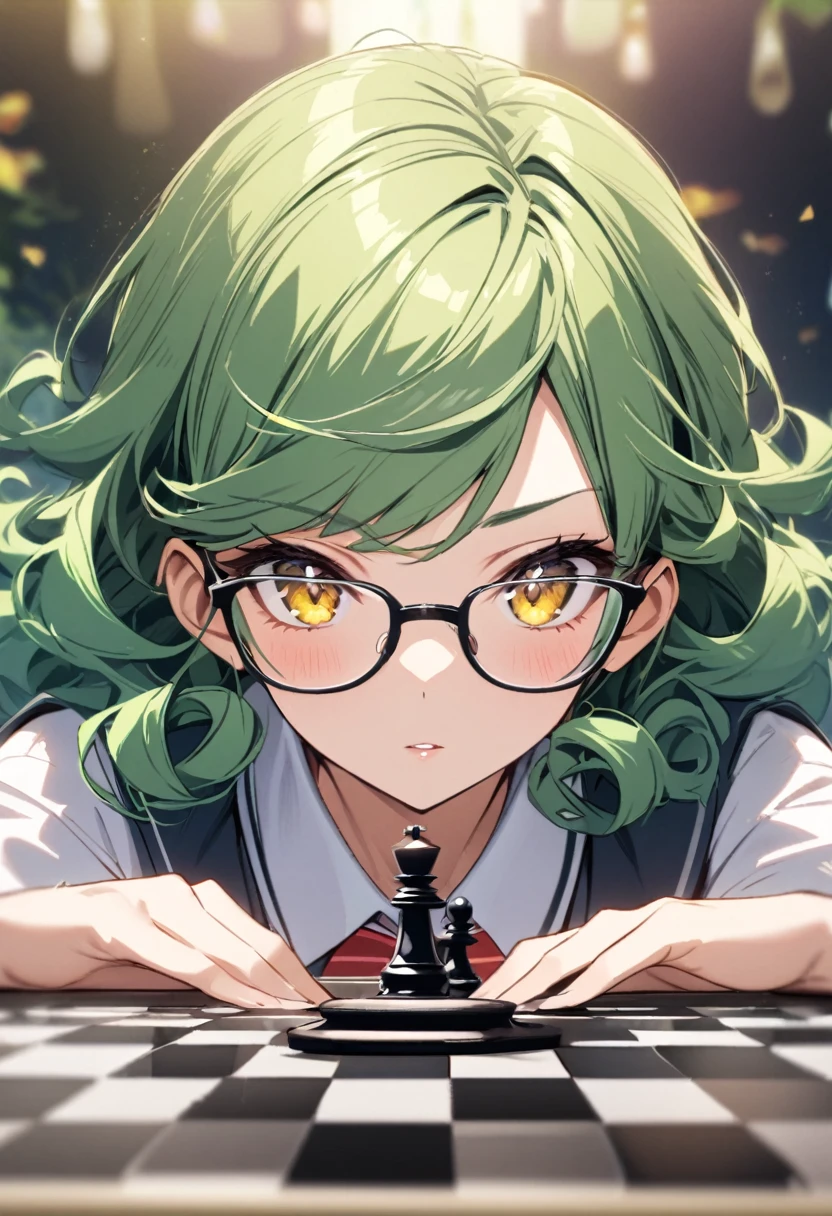 girl, yellow eyes, green hair, beautiful, high detail, beautiful background, playing chess, main face, front face, school girl, 30 year old, curly hair, glasses