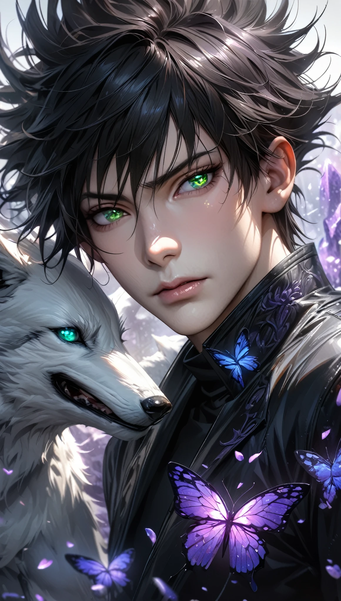 Extremely detailed, high resolution, absurd, HDR, masterpiece, Fushiguro Megumi, Black Hair, Expressive green eyes, Jiu Jitsu Kaiba, Black pattern long coat, Purple Ice flowers, petal, Very handsome, Sexy men, Solitary, Extremely detailed eyes and face, Purple Ice, Purple Ice sparkling butterflies, Black skinny T-shirt, Realistic face, sparkling, sparkling eyes, White Wolf,
