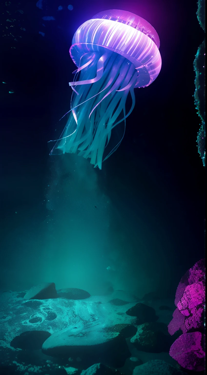 ((deep sea)),night,moon,Money,pink,green,White Sand,Glass texture、Light, Gradient translucent glass melt, clean,jellyfish