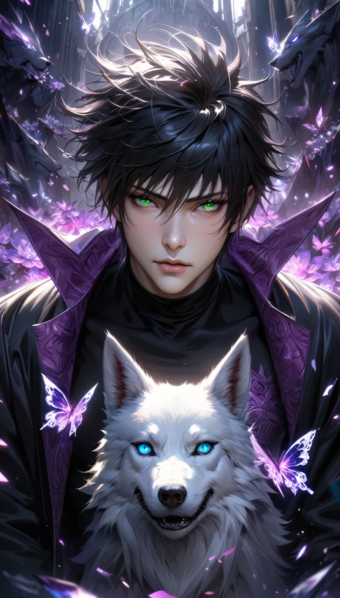 Extremely detailed, high resolution, absurd, HDR, masterpiece, Fushiguro Megumi, Black Hair, Expressive green eyes, Jiu Jitsu Kaiba, Black pattern long coat, Purple Ice flowers, petal, Very handsome, Sexy men, Solitary, Extremely detailed eyes and face, Purple Ice, Purple Ice sparkling butterflies, Black skinny T-shirt, Realistic face, sparkling, sparkling eyes, White Wolf,