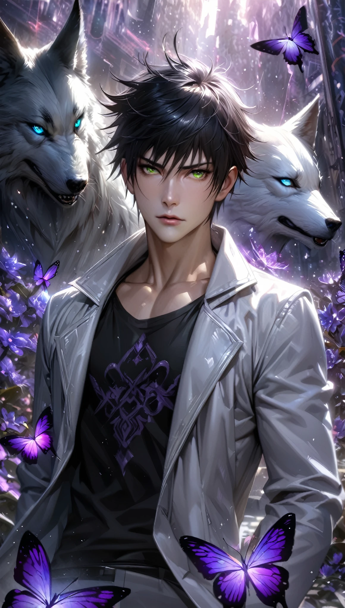 Extremely detailed, high resolution, absurd, HDR, masterpiece, Fushiguro Megumi, Black Hair, Expressive green eyes, Jiu Jitsu Kaiba, Black pattern long coat, Purple Ice flowers, petal, Very handsome, Sexy men, Solitary, Extremely detailed eyes and face, Purple Ice, Purple Ice sparkling butterflies, Black skinny T-shirt, Realistic face, sparkling, sparkling eyes, White Wolf,