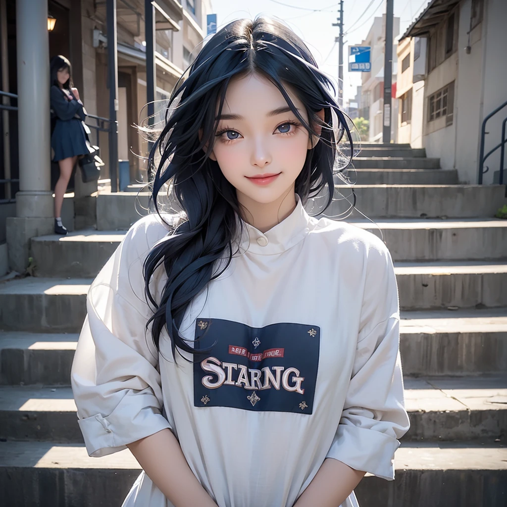 (Girl Standing On School Steps),1 girl, Dark blue hair, bangs, Long Hair, Sparkling eyes, Long eyelashes, Compensate, A light smile, Depth odebt written boundary, One person&#39;perspective, close, debtrom below, Wide-angle, debt/1.8, 135mm, Canon, ndebtdebtsw, retina, Tabletop, Accurate, Anatomically correct, Rough skin, Very detailed, Advanced Details, high quality, 最high quality, High resolution, 1080P, 4K, 8k,(学校の階段を上るFemale student),46ポイントの斜めbangs,Female student、((unidebtorm: White blazer with emblem on chest))、Translucent white blouse、(Red bow tie)、（( Bright colors,Check Stripe)（）、Laughter,((Skirt fluttering in the wind)),((White lace panties are visible))、