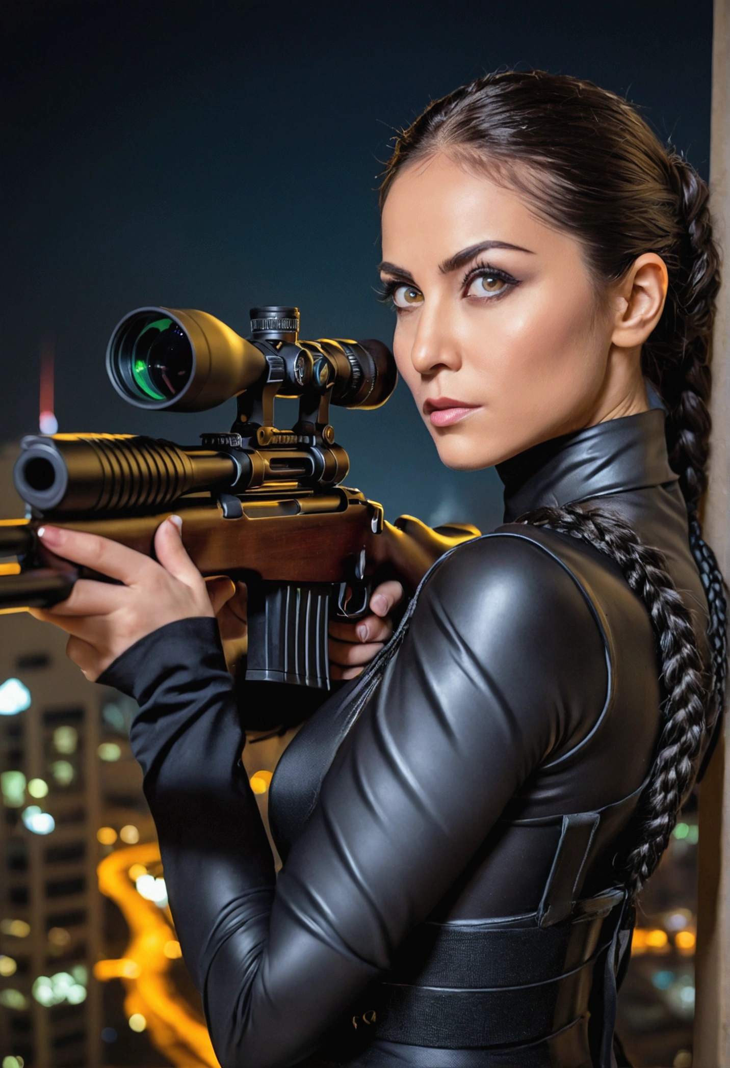 8k quality, ultra-high definition real photo, female sniper, big-breasted beauty, stylish mature woman, black latex suit, aiming at the target from the hotel terrace, the sniper rifle is the latest powerful military sniper rifle, high-rise hotel in Dubai at night, hair is dark brown, braided on the side and tied back, the moon is a crescent moon, the shadow is deep, her eyes are green and her eyelashes are long, beautiful and intelligent, the camera focuses on her serious expression.