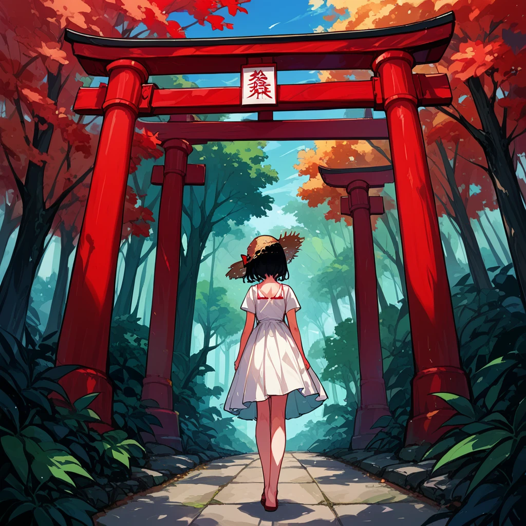 score_9, score_8_up, score_7_up, score_6_up, score_5_up, score_4_up, masterpiece, best quality, source_anime,2D、flat、1girl, black hair,straw hat、12yo、white dress、red sky、red lite japanese forest、Torii, summer