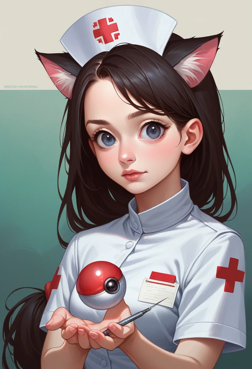 Long hair, low-tied Long hair, Nurse hat, eyeball, big eyes, Cat ears, cosmetic, 超realism, 超realism, modern Art, realism, image Fill, contour, Chiaroscuro, First-person view, F/1.8, Ultra HD, masterpiece, 16K, 8K