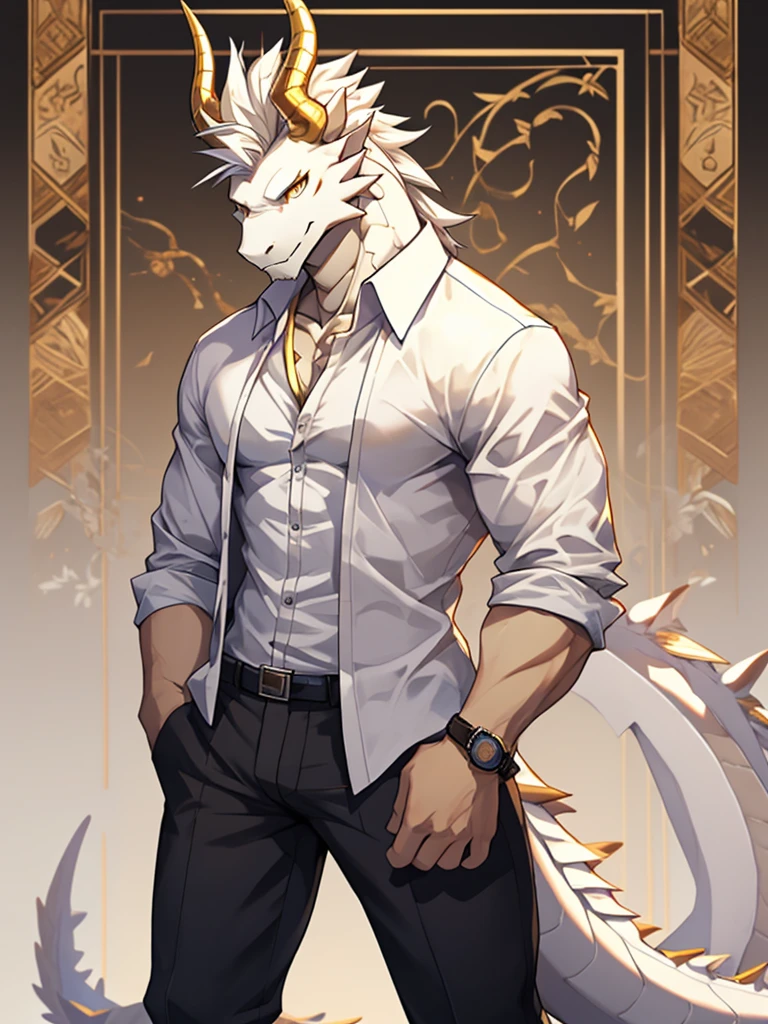 Masterpiece, solo, male, white Dragon, golden Eyes, golden horn, white Medium Hair, white body, slender muscular body, Handsome, Good Looking, Casual Shirt, Casual Pants, Cool Pose. besroom Background