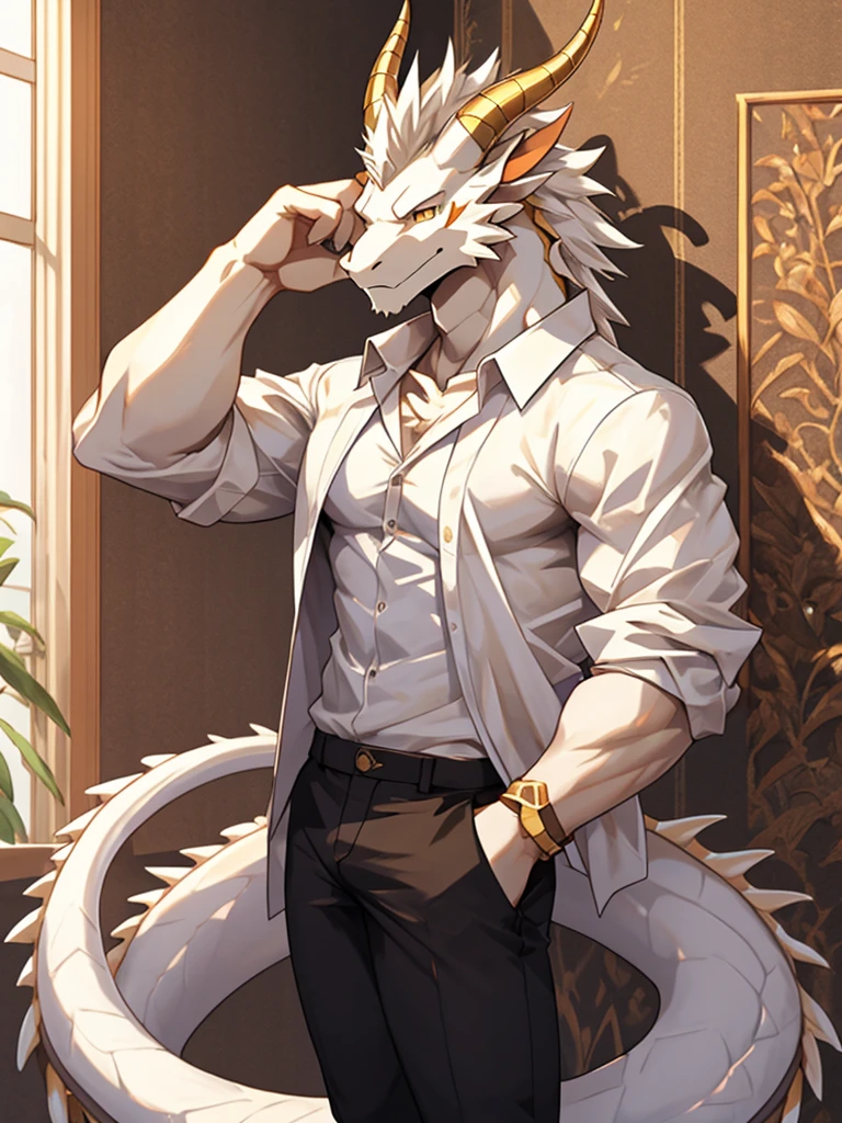 Masterpiece, solo, male, white Dragon, golden Eyes, golden horn, white Medium Hair, white body, slender muscular body, Handsome, Good Looking, Casual Shirt, Casual Pants, Cool Pose. besroom Background