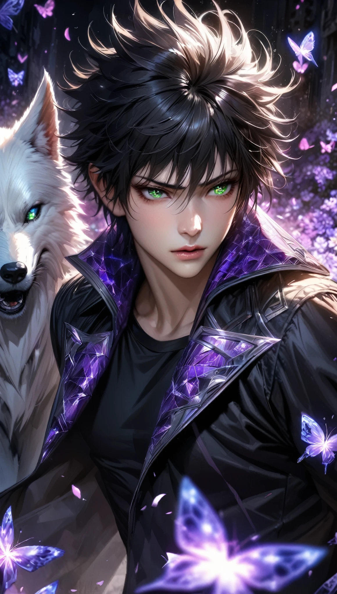 Extremely detailed, high resolution, absurd, HDR, masterpiece, Fushiguro Megumi, Black Hair, Expressive green eyes, Jiu Jitsu Kaiba, Black pattern long coat, Purple Ice flowers, petal, Very handsome, Sexy men, Solitary, Extremely detailed eyes and face, Purple Ice, Purple Ice sparkling butterflies, Black skinny T-shirt, Realistic face, sparkling, sparkling eyes, White Wolf,