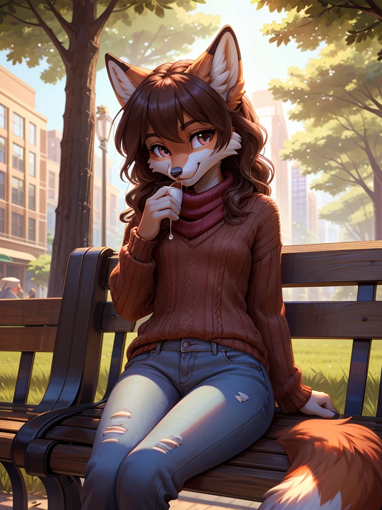 beautiful, (masterpiece), high quality, perfect lighting, Highly detailed CG Unity 8k wallpaper, High resolution, perfect lighting, youthful, adolescent, tall, slim, skinny, frail slender figure, slim legs, distinctly feminine figure, narrow hips, long legs, medium plump breasts, close-up shot, detailed face, A cute fox-girl sits legs spread on a park bench in a bustling city, sipping on a hot latte. Her red fur is soft and fluffy, with a hint of white on her muzzle and the tip of her tail. Her hair is a deep auburn, styled in loose curls that cascade down her back. Her eyes are a warm brown, and she wears a friendly smile on her face.
She is dressed in a cozy sweater and jeans, with a knitted scarf around her neck to keep out the chill.