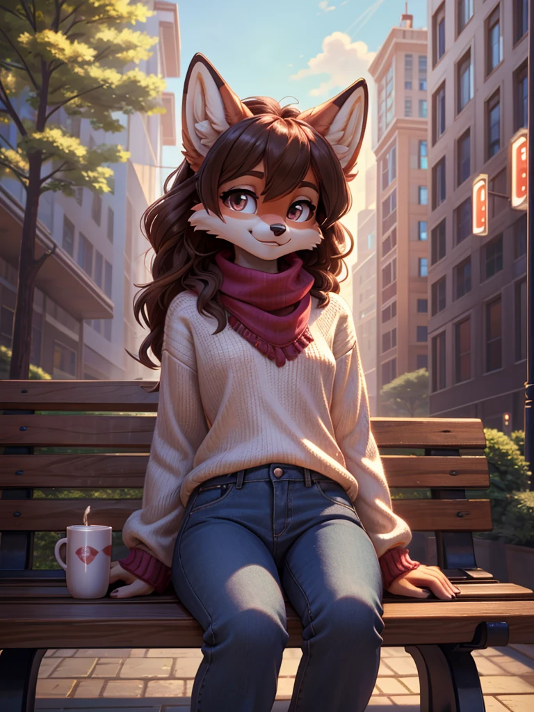 beautiful, (masterpiece), high quality, perfect lighting, Highly detailed CG Unity 8k wallpaper, High resolution, perfect lighting, youthful, adolescent, tall, slim, skinny, frail slender figure, slim legs, distinctly feminine figure, narrow hips, long legs, medium plump breasts, close-up shot, detailed face, A cute fox-girl sits legs spread on a park bench in a bustling city, sipping on a hot latte. Her red fur is soft and fluffy, with a hint of white on her muzzle and the tip of her tail. Her hair is a deep auburn, styled in loose curls that cascade down her back. Her eyes are a warm brown, and she wears a friendly smile on her face.
She is dressed in a cozy sweater and jeans, with a knitted scarf around her neck to keep out the chill.