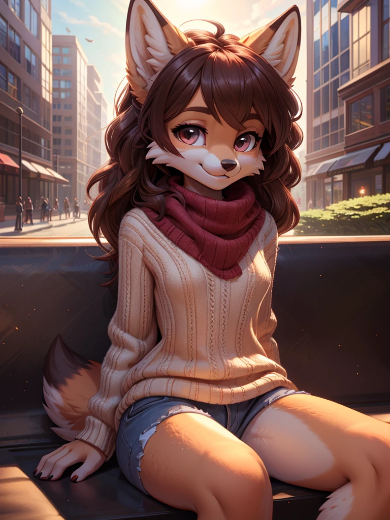 beautiful, (masterpiece), high quality, perfect lighting, Highly detailed CG Unity 8k wallpaper, High resolution, perfect lighting, youthful, adolescent, tall, slim, skinny, frail slender figure, slim legs, distinctly feminine figure, narrow hips, long legs, medium plump breasts, close-up shot, detailed face, A cute fox-girl sits legs spread on a park bench in a bustling city, sipping on a hot latte. Her red fur is soft and fluffy, with a hint of white on her muzzle and the tip of her tail. Her hair is a deep auburn, styled in loose curls that cascade down her back. Her eyes are a warm brown, and she wears a friendly smile on her face.
She is dressed in a cozy sweater and jeans, with a knitted scarf around her neck to keep out the chill.
