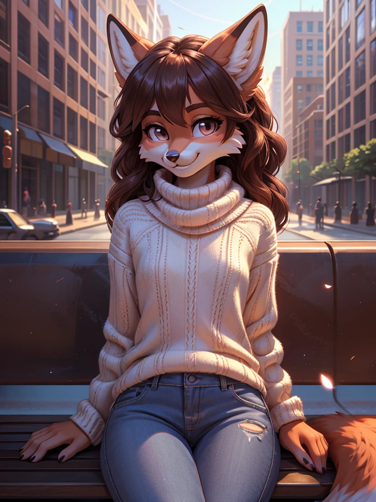 beautiful, (masterpiece), high quality, perfect lighting, Highly detailed CG Unity 8k wallpaper, High resolution, perfect lighting, youthful, adolescent, tall, slim, skinny, frail slender figure, slim legs, distinctly feminine figure, narrow hips, long legs, medium plump breasts, close-up shot, detailed face, A cute fox-girl sits legs spread on a park bench in a bustling city, sipping on a hot latte. Her red fur is soft and fluffy, with a hint of white on her muzzle and the tip of her tail. Her hair is a deep auburn, styled in loose curls that cascade down her back. Her eyes are a warm brown, and she wears a friendly smile on her face.
She is dressed in a cozy sweater and jeans, with a knitted scarf around her neck to keep out the chill.