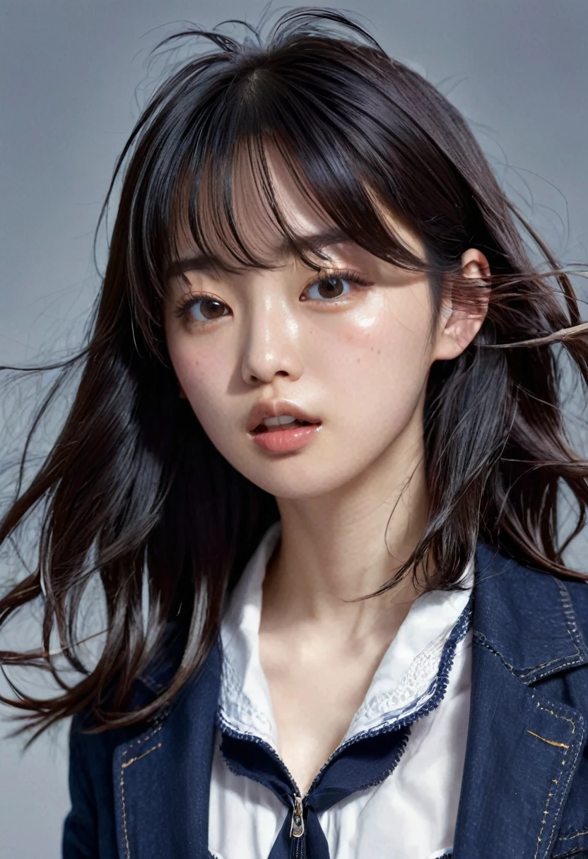 (masterpiece), (Highest quality), (Super detailed),(Disheveled Hair),(figure), (One girl), (((School Uniforms))), (Jacket)、Are standing, View your viewers, (Simple Background),Beautiful attention to detail,triangle face、 Delicate and beautiful face,freckles 、((No makeup))、、(midelioam)、floating,(High saturation),), Light-colored lips、(Mouth closed)、Soft Breasts、(((long hair)))、 Black Hair, bangs, Hair Ring, Floating hair, (The Shining), Best lighting, Best Shadow,((Cowboy Shot))