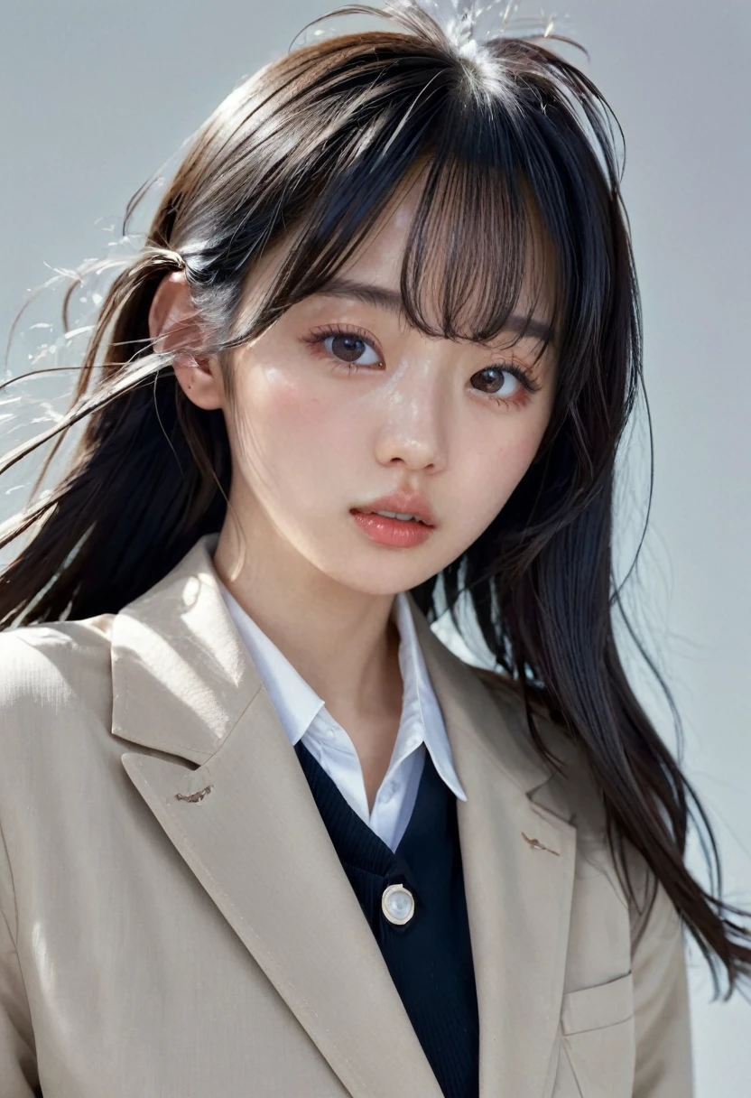 (masterpiece), (Highest quality), (Super detailed),(Disheveled Hair),(figure), (One girl), (((School Uniforms))), (Jacket)、Are standing, View your viewers,  (Simple Background),Beautiful attention to detail,triangle face、 Delicate and beautiful face,freckles ､((No makeup))､､(midelioam)､floating,(High saturation),), Light-colored lips､(Mouth closed)、Soft Breasts､(((long hair)))、 Black Hair, bangs, Hair Ring, Floating hair, (The Shining), Best lighting, Best Shadow,((Cowboy Shot))