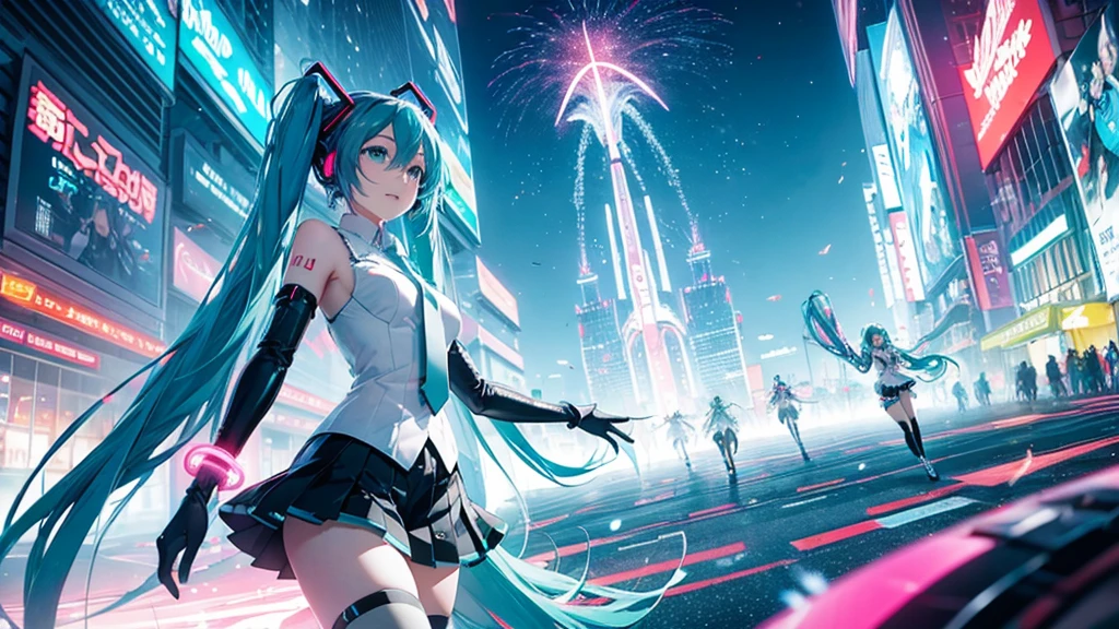 A spectacular parade in a futuristic metaverse theme park featuring Hatsune Miku and colorful neon lights