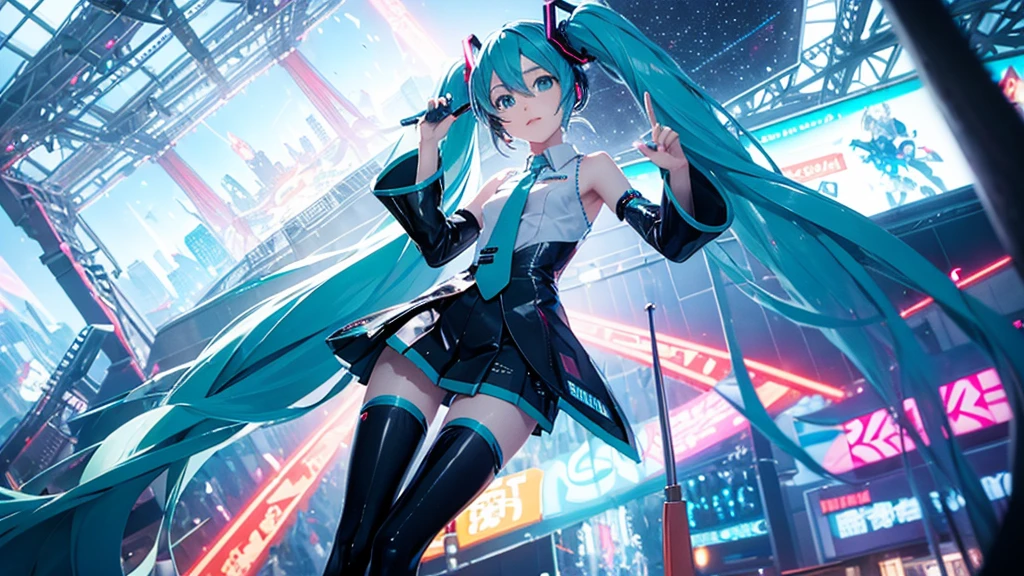 A spectacular parade in a futuristic metaverse theme park featuring Hatsune Miku and colorful neon lights