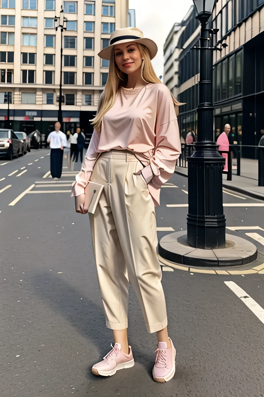 Reading a book、Have a big book、Pale pink oversized Y-shirt、、Dynamic pose、blonde、Feeling like sitting、London cityscape、Theme from the side、Walking pose、Big smile、Young European beauties、Beige pants、White sneakers、White Hat、
