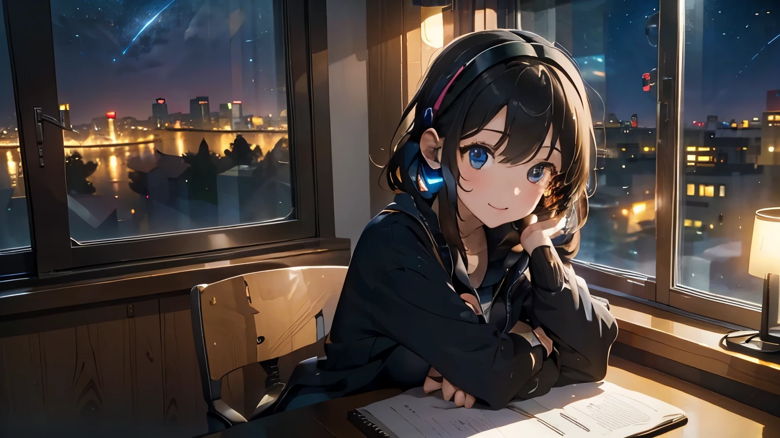 (Top quality, masterpiece),(Girl living alone, headphones, sitting at desk, full body), (Coffee, neon lights, late night, beautiful starry sky outside the window, large room, dark, meteor cloud),(Lo-fi art style)