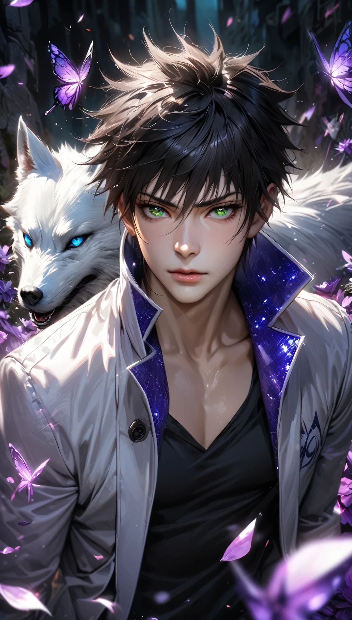 Extremely detailed, high resolution, absurd, HDR, masterpiece, Fushiguro Megumi, Black Hair, Expressive green eyes, Jiu Jitsu Kaiba, Black pattern long coat, Purple Ice flowers, petal, Very handsome, Sexy men, Solitary, Extremely detailed eyes and face, Purple Ice, Purple Ice sparkling butterflies, Black skinny T-shirt, Realistic face, sparkling, sparkling eyes, White Wolf,