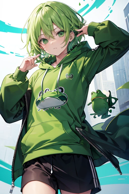 Green Eyes、20th Generation、male、Green hoodie mouth closed, Frog-like motif