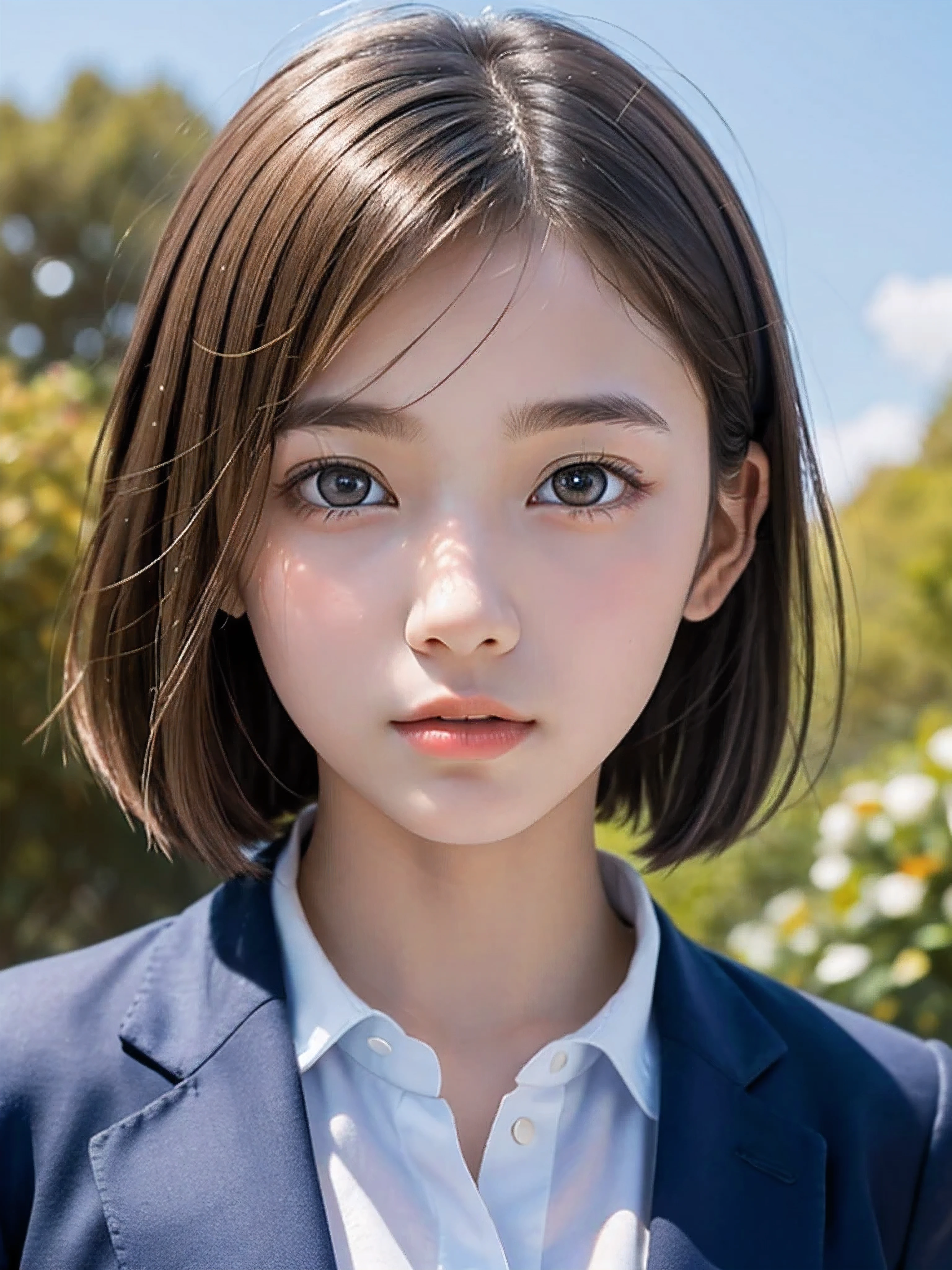 One Girl,(1人のとてもcute女の子:1.3),masterpiece,Highest quality,High resolution,From below,Low - Angle,Photorealistic,RAW Photos,Ray Tracing,Physically Based Rendering,beautiful girl,(15 years old:1.3),cute,Big eyes,(detailed pupils:1.2),(The face is facing straight ahead:1.3),Body facing forward,Beautiful nose,Upturned nose,Fuller lips,Short black hair,ponytail,short hair,Detailed eyelashes,Thin eyebrows,Very fine grain definition,(Symmetrical eyes,Golden Ratio:1.3),(Face close-up,Face Focus:1.0),Small breasts,Short neck,blazer,Checkered pleated skirt,coastal,Blue sky,White cloud,School uniforms,Portrait,View Viewer,Upper Body,Cinema Lighting,High resolution,Very detailed
