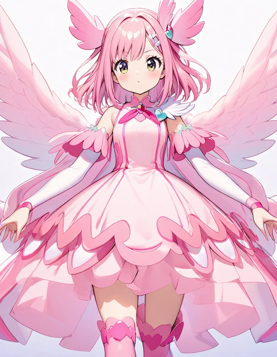 cure pink(tall-height, pure pink hair, wing hair accessory, feather motif shoulder opening, forearms sleeves, pink dress-skirt, pink boots), side-viewing