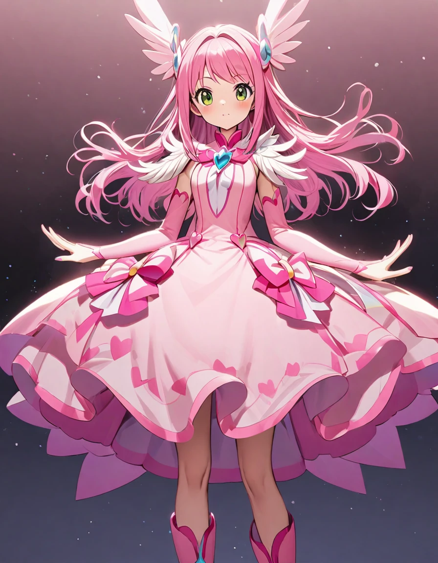 cure pink(tall, pure pink hair, wing hair accessory, feather motif shoulder opening, forearms sleeves, pink dress-skirt, pink boots)