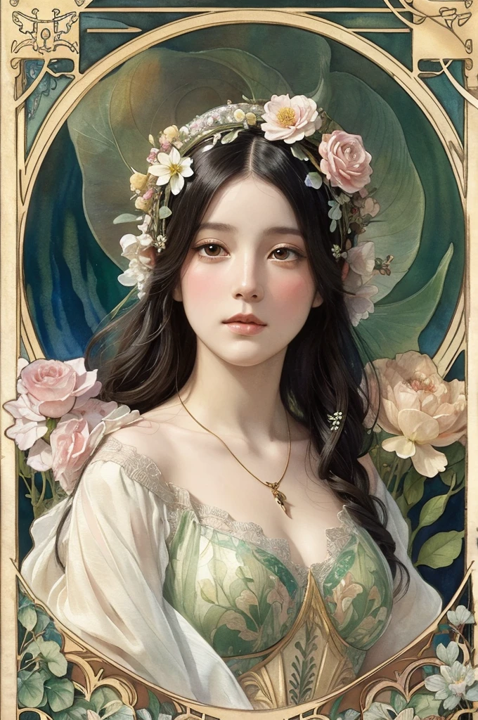 Depicts a beautiful woman with flowers in her hair、Highly detailed watercolor painting, The style of Alfons Maria Mucha and Gustav Kirmut, Art Nouveau accents, Fairy Princess, Anthropomorphic woman, Female figure, Detailed cover artwork, As the Flower Goddess, Alphonse Mucha, Gustav Klimt, Pale skin, Marble sculpture, society, Gothic art, Art Nouveau, Behance Contest Winner, black hair, Asian
