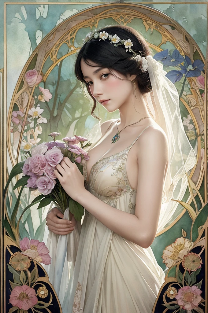 Depicts a beautiful woman with flowers in her hair、Highly detailed watercolor painting, The style of Alfons Maria Mucha and Gustav Kirmut, Art Nouveau accents, Fairy Princess, Anthropomorphic woman, Female figure, Detailed cover artwork, As the Flower Goddess, Alphonse Mucha, Gustav Klimt, Pale skin, Marble sculpture, society, Gothic art, Art Nouveau, Behance Contest Winner, black hair, Asian