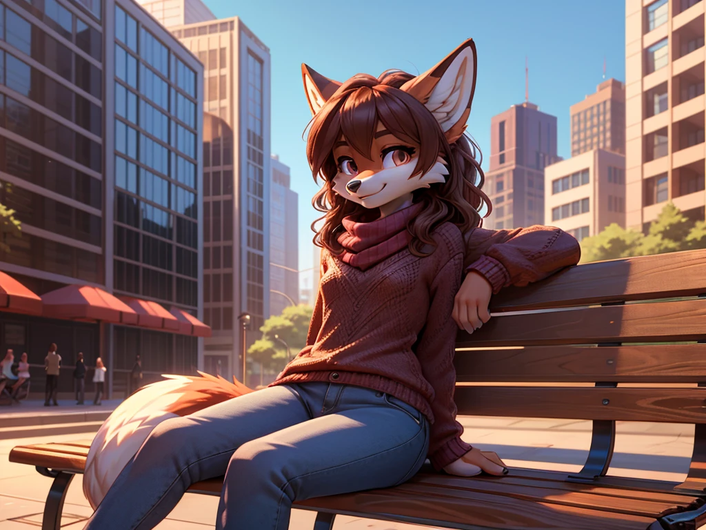 beautiful, (masterpiece), high quality, perfect lighting, Highly detailed CG Unity 8k wallpaper, High resolution, perfect lighting, youthful, adolescent, tall, slim, skinny, frail slender figure, slim legs, distinctly feminine figure, narrow hips, long legs, medium plump breasts, close-up shot, detailed face, A cute fox-girl lounges on a park bench in a bustling city, sipping on a hot latte. Her red fur is soft and fluffy, with a hint of white on her muzzle and the tip of her tail. Her hair is a deep auburn, styled in loose curls that cascade down her back. Her eyes are a warm brown, and she wears a friendly smile on her face.
She is dressed in a cozy sweater and jeans, with a knitted scarf around her neck to keep out the chill.