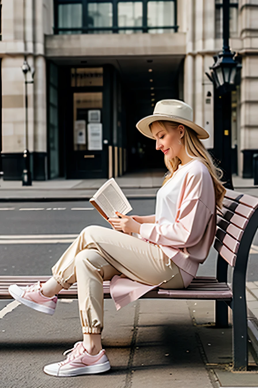 Reading a book、Have a big book、Pale pink oversized Y-shirt、、Dynamic pose、blonde、Sit on a bench、London cityscape、Theme from the side、Walking pose、Big smile、Young European beauties、Beige pants、White sneakers、White Hat、